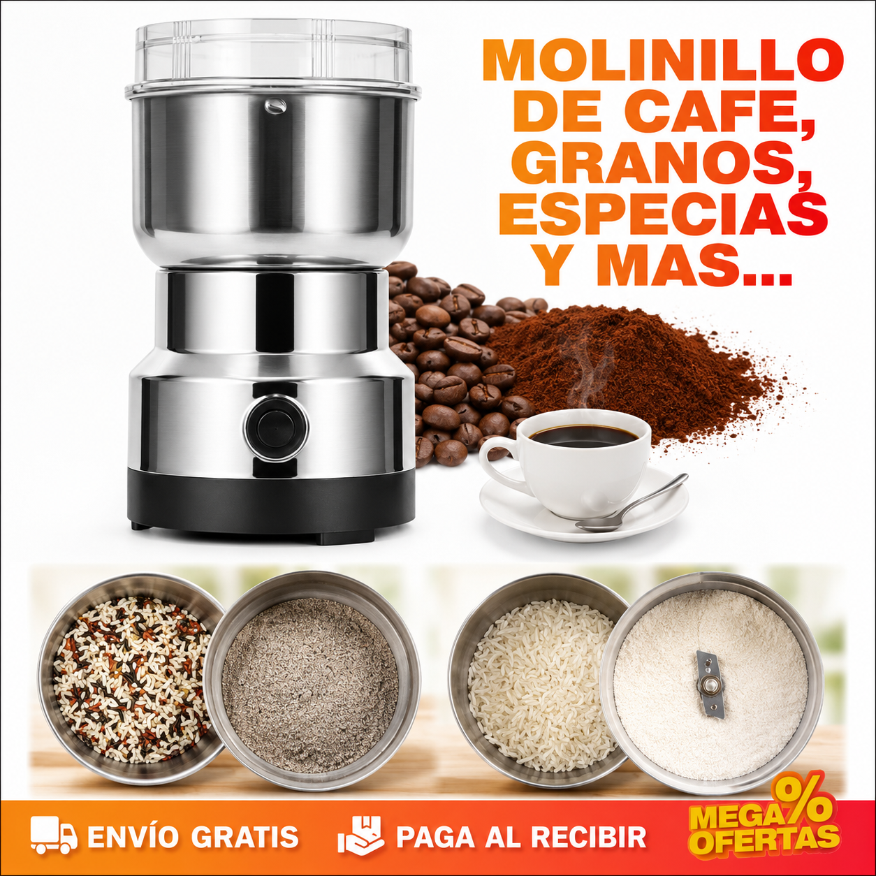 2 Trituradoras Multifuncionales Eléctricas para el Hogar – Muele Café, Granos y Especias en Segundos · 2x1